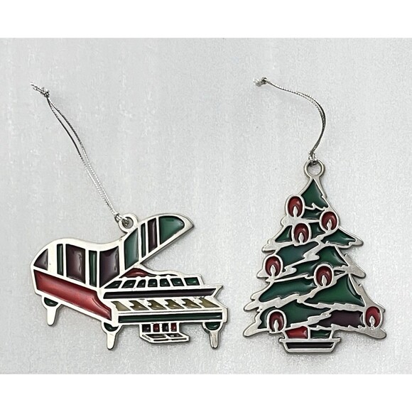 Russ Berrie Stained Glass Light Catcher Christmas Tree Piano Ornaments Lot of 2 - Picture 1 of 8